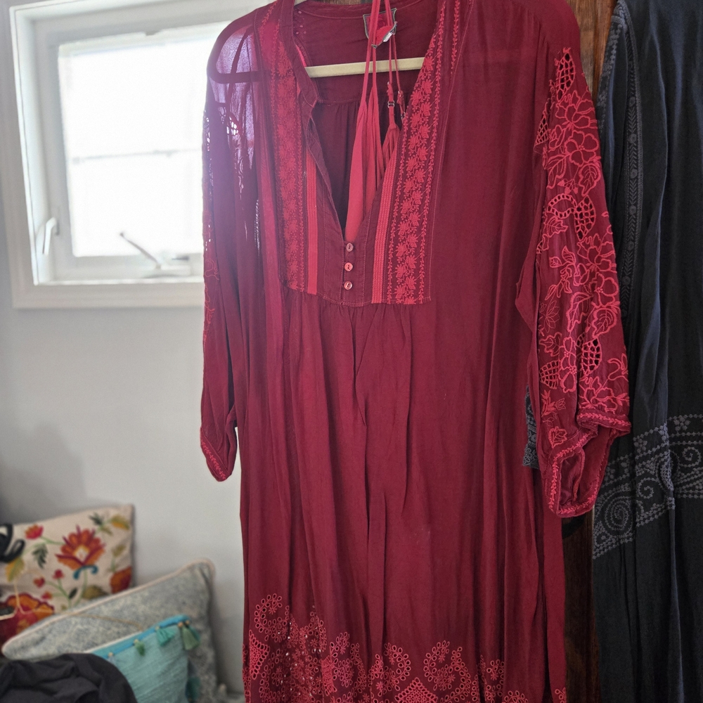 Beautiful Red Rayon Johnny Was  Embroidered Dress